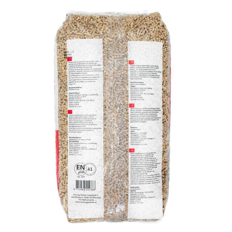 Energy Pellets Excellent houtpellets zak 15 kg achterkant met specificaties