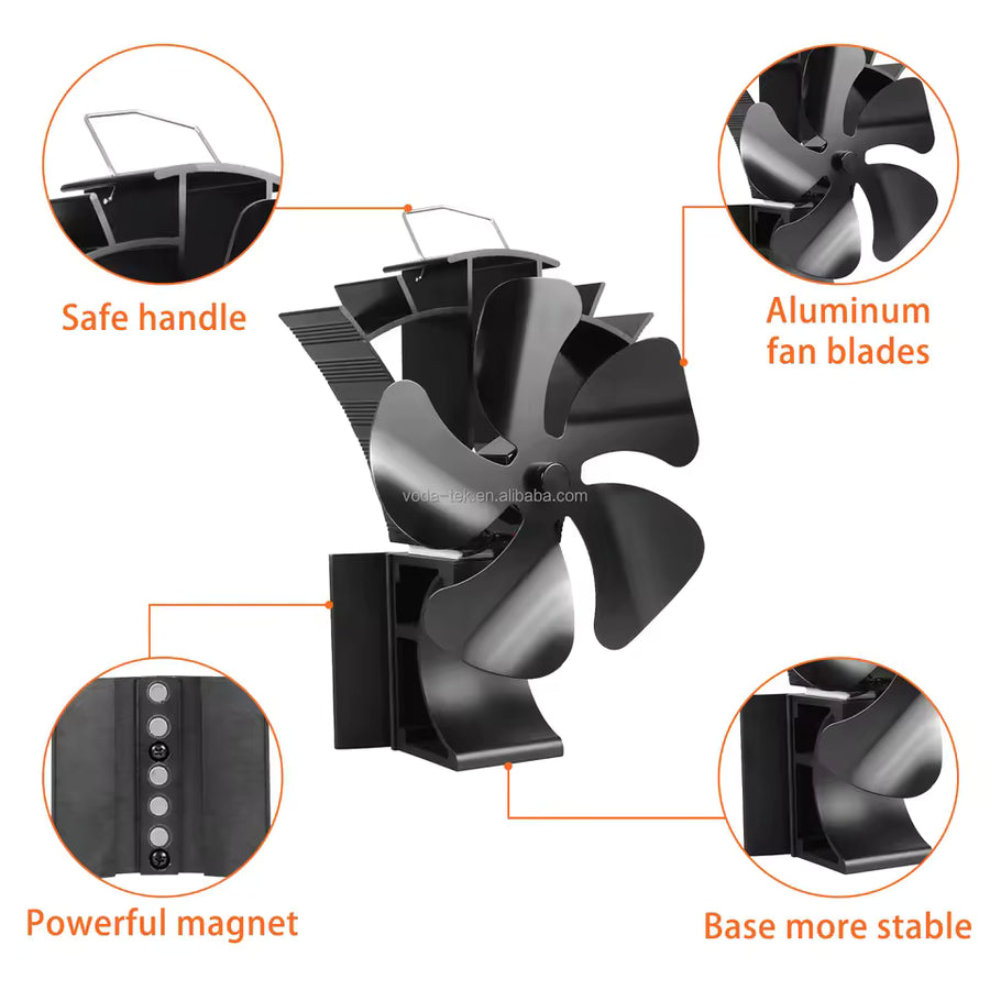 VODA Kachelventilator 5 Bladen - Magnetisch 3-in-1 - Zwart